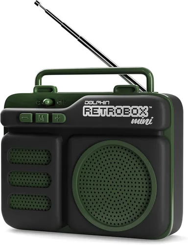 Retrobox Mini de Dolphin, altavoz Bluetooth portátil para lugar de trabajo con MP3, radio FM, AUX, batería duradera y duradera (verde militar)