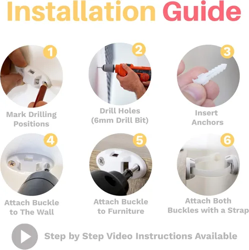 Miniatura 5 de Inaya Paquete de 12 anclajes para muebles a prueba de bebés, anclajes de estantería a la pared, anclaje de seguridad de pared de aparador, correas