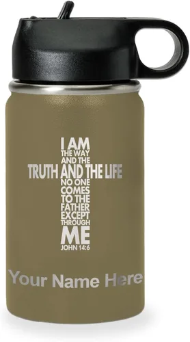 LaserGram Botella de agua de doble pared abatible de 12 onzas con pajilla, versículo bíblico John 14-6, grabado personalizado incluido (verde