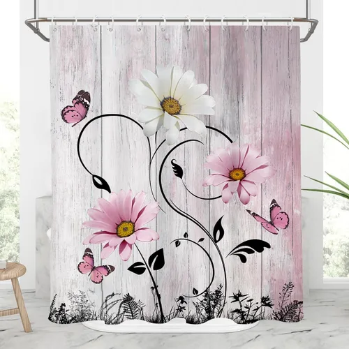 Miniatura 28 de AAtter Cortina de ducha floral azul rústica boho gris blanco amarillo margarita naturaleza negro botánico telón azul verdoso turquesa tela única