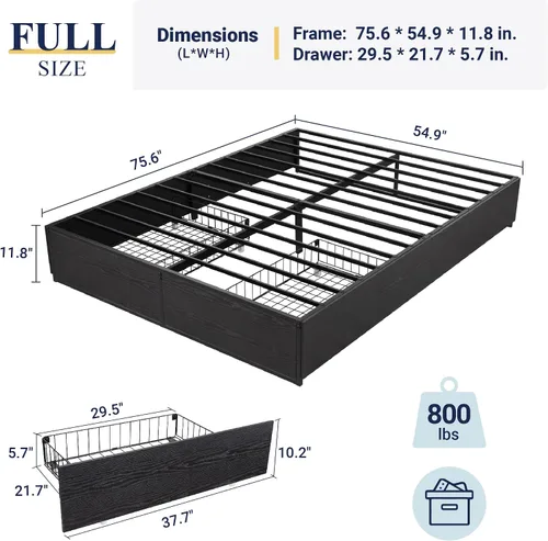 Miniatura 2 de Allewie Marco de cama de metal de tamaño matrimonial con 2 cajones de almacenamiento, marco de acero resistente con paneles de madera de fibropanel