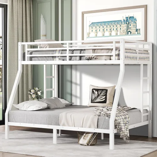 Miniatura 12 de Litera individual XL sobre Queen, cama alta de metal resistente para adultos/adolescentes, capacidad de 350/600 libras con escalera y barandilla