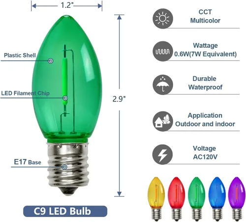 Miniatura 2 de C9 Luces de Cadena de Navidad, 25 pies 26 Bombillas Brillantes y Multicolores para Exteriores, Luces de Navidad para Techo, Patio, Jardín