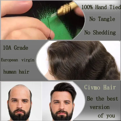 Miniatura 2 de Pelucas para hombre, tupé para hombre, unidad de tejido de cabello humano virgen europeo para hombre, tupé, mono encaje superior, piel sintética, 1B