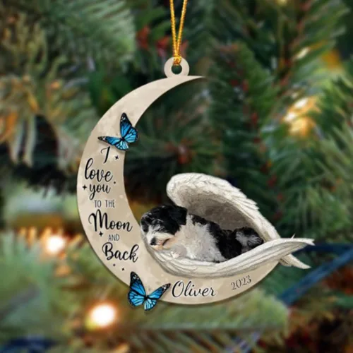 Miniatura 118 de Adorno colgante personalizado de ángel durmiendo en la luna, perro sabueso afgano, nombre personalizado, acrílico impreso en 2D plano – cumpleaños