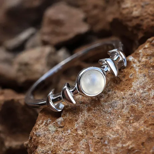 Miniatura 4 de Anillo de piedra lunar genuina de plata de ley, anillo de fase lunar de triple diosa, piedra lunar, anillo minimalista para mujeres y niñas con caja