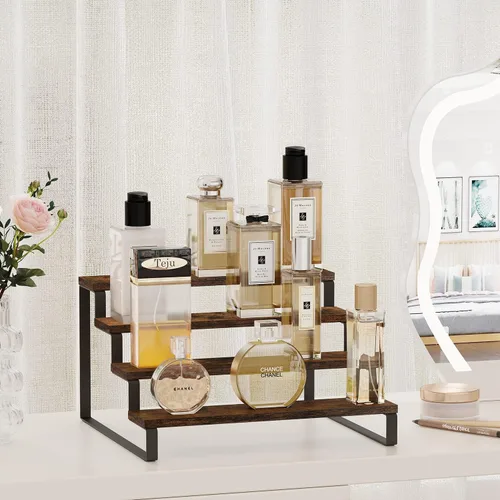 Miniatura 2 de YINMIT Soporte elevador de madera, soporte organizador de perfume y colonia, organizador de especias de 4 niveles, estante de exhibición rústico
