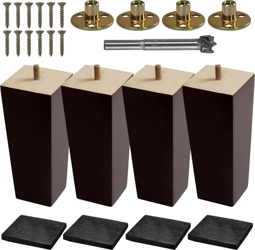 Miniatura 11 de Juego de 4 patas de madera para muebles (incluye broca) - Patas cuadradas para sofá, pierna de sofá - Patas de repuesto marrones de mediados