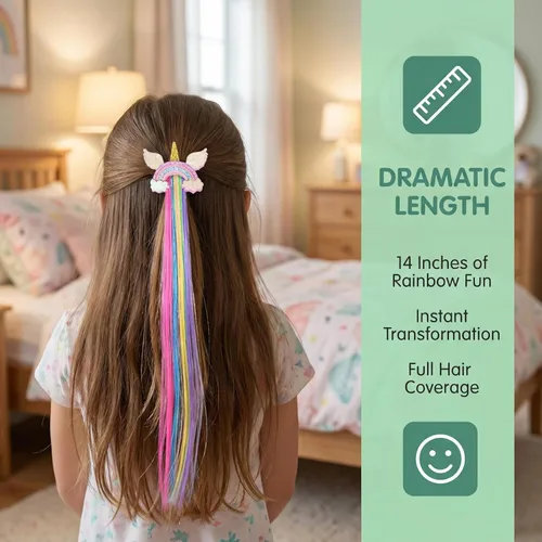 Miniatura 6 de Little World Pinzas para el cabello para niñas, 6 extensiones de cabello arcoíris, pinzas de pelo de unicornio para niñas y niños pequeños, colas