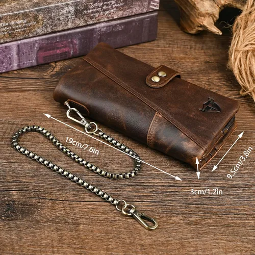 Miniatura 3 de Genuino Caballo Loco Cuero Regalo de Viaje Moneda Bolsillo Tarjetero Organizador Largo Cadena Rfid Cartera Monedero Con Broche Para Hombres Hombres