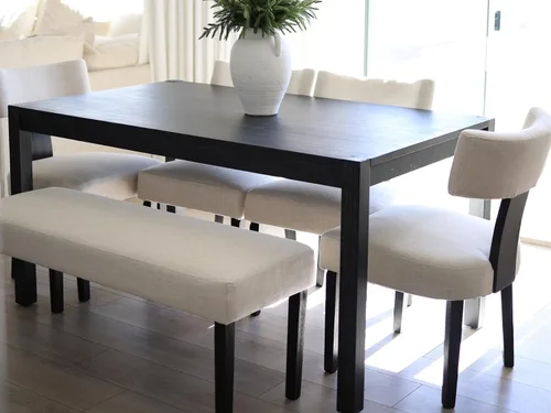 Miniatura 6 de Juego de 2 sillas de comedor de madera negra, modernas sillas tapizadas para comedor y cocina, asiento de lino beige y respaldo medio, silla