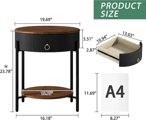 Miniatura 2 de OIOG Mesa auxiliar moderna con cajón, mesa de noche industrial de 2 niveles con estante, mesita de noche de grano de madera con almacenamiento