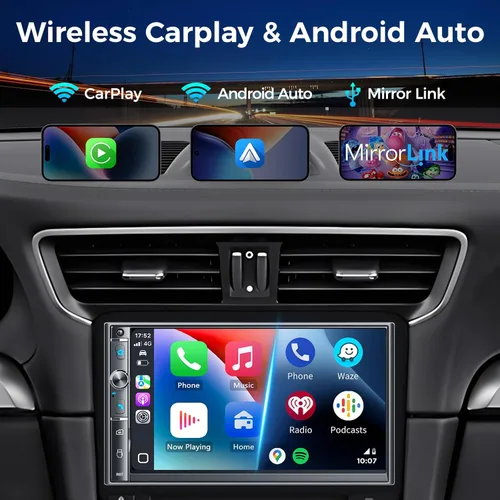 Miniatura 2 de Estéreo de auto doble DIN con pantalla táctil HD de 7 pulgadas, Apple Carplay inalámbrico y Android Auto, Bluetooth, 240W, SWC, salida de subwoofer