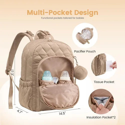 Miniatura 6 de LOVEVOOK Mochila para pañales, bolsa de pañales acolchada para bebé con bolsillos aislados, mochila de pañales de viaje para niños y niñas con Caqui