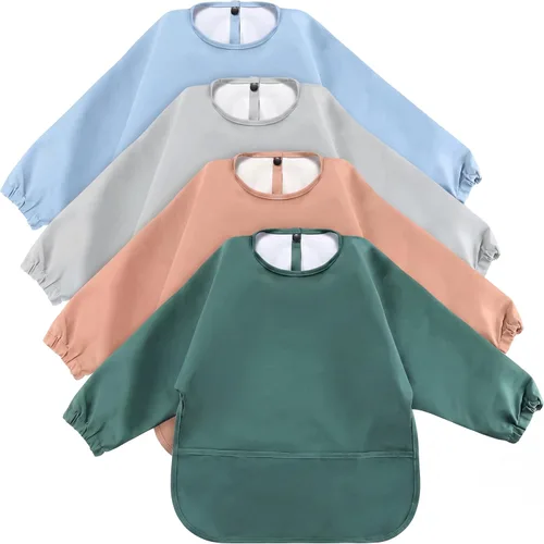 Miniatura 8 de JaGely Paquete de 4 baberos de manga larga para bebé, impermeables, de manga larga, babero para comer, babero de alimentación con receptor de Varios