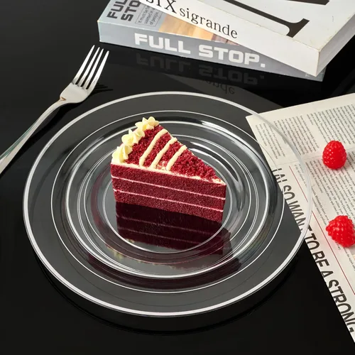 Miniatura 5 de FOCUSLINE 100 platos de plástico plateado transparente de 10 pulgadas, platos transparentes desechables con borde plateado, plato de plástico duro