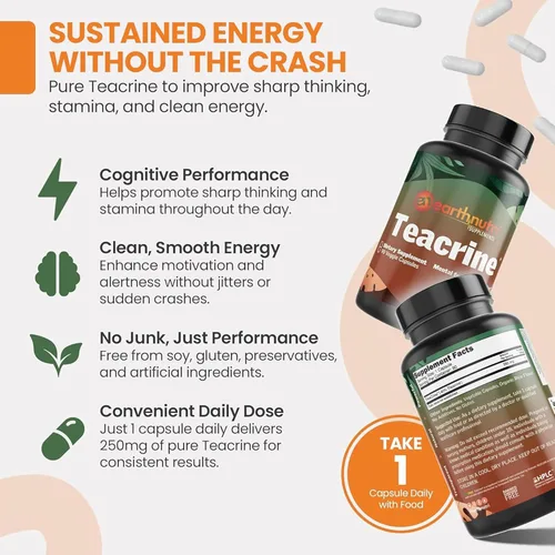 Miniatura 2 de EarthNutri Theacrine Energy and Focus Suplemento – Sin gluten ni aditivos – 1 cápsula diaria – Cápsula vegetal para mejorar el estado de alerta