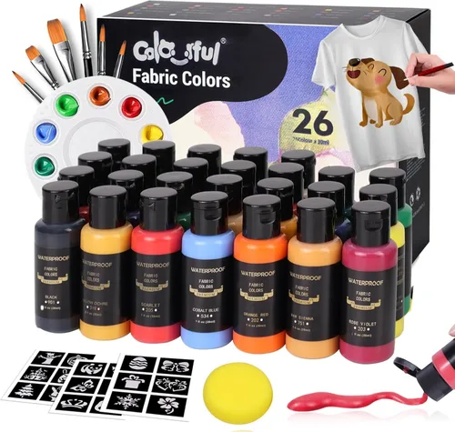 Miniatura 8 de Colorful Pintura permanente para tela, 14 colores de pintura de tela suave en botellas (1.0 fl oz/1 oz) con pinceles, paleta, pintura textil