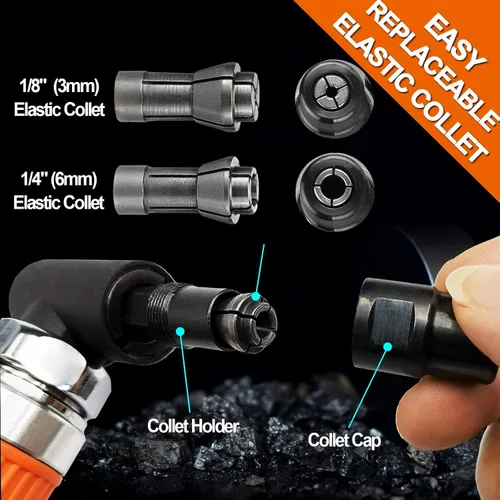 Miniatura 4 de MOMODA Kit de mini amoladora neumática de 1/4 de pulgada, lijadora neumática de 90 grados, modelo de alta potencia de 20,000 RPM con pinzas de 1/4