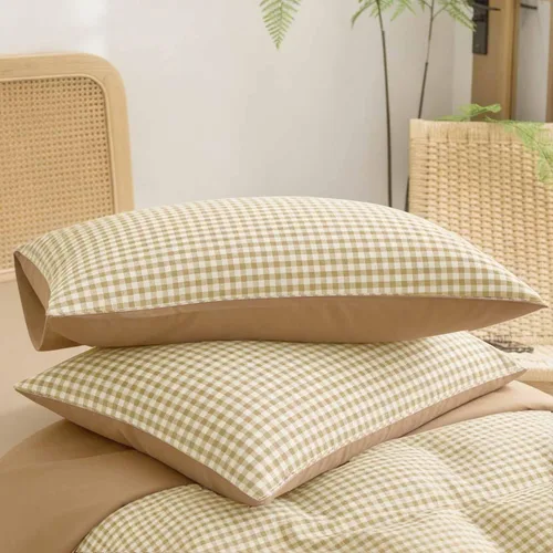 Miniatura 5 de Juego de colcha tamaño king de ETDIFFE, color marrón, 3 piezas, juego de ropa de cama color beige con estampado Gingham de rejilla - colcha suave