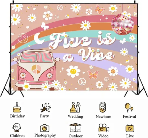 Miniatura 5 de Five is a Vibe Girl - Fondo de fotografía para fiesta de cumpleaños de 5 años, diseño de arco iris rosa, flores blancas pequeñas, telón de fondo
