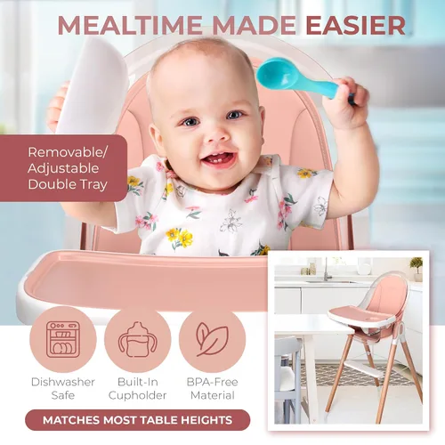 Miniatura 3 de Silla alta de Children Of Design - Trona de bebé 6 en 1 no reclinable para bebés y niños pequeños, de madera moderna, fácil de limpiar, bandeja Rosa