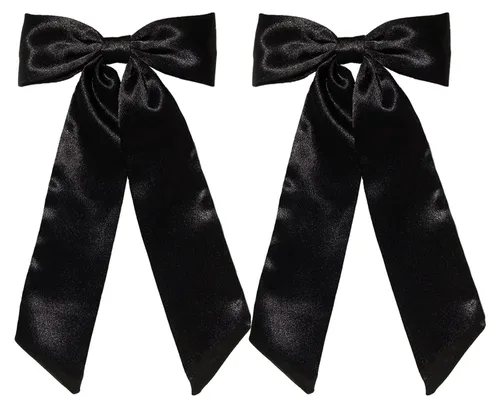 Furling Pompoms Pinzas para el cabello con cola larga, 2 pinzas para el pelo de cinta negra para mujer, pasadores de lazo de satén, lazos grandes
