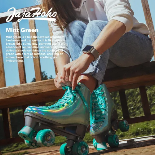 Miniatura 3 de JajaHoho Patines roller para mujeres, patines holográficos, patines de cuatro ruedas de doble fila brillantes para niñas al aire libre (verde)