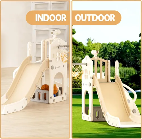 Miniatura 8 de YUFU Tobogán 5 en 1 para niños pequeños, tobogán para niños con escalador, aro de baloncesto y pelota, juego para interiores y exteriores para niños