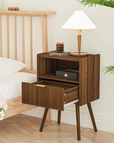 Miniatura 7 de Veegle Mesita de noche, moderna mesita de noche con cajón de almacenamiento y estante de madera abierta, mesita de noche decorativa con patas