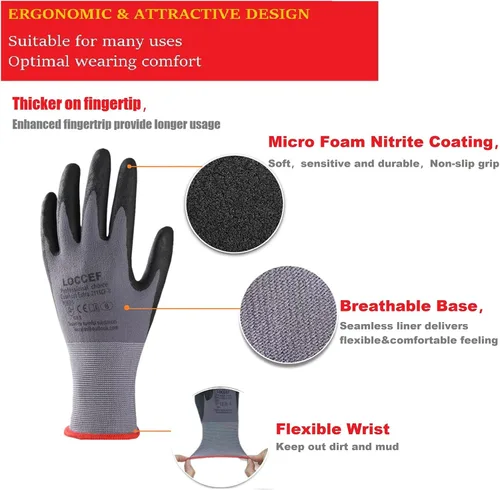 Miniatura 2 de LOCCEF Guantes de trabajo de seguridad con revestimiento de nitrilo de microespuma, 12 pares, guantes de nailon de punto sin costuras, mejoras