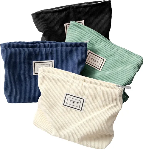 Miniatura 14 de Sanwuta Paquete de 4 bolsas de terciopelo para maquillaje, bolsa de cosméticos para mujer, bolsa de pana de gran capacidad, con cremallera, de lona