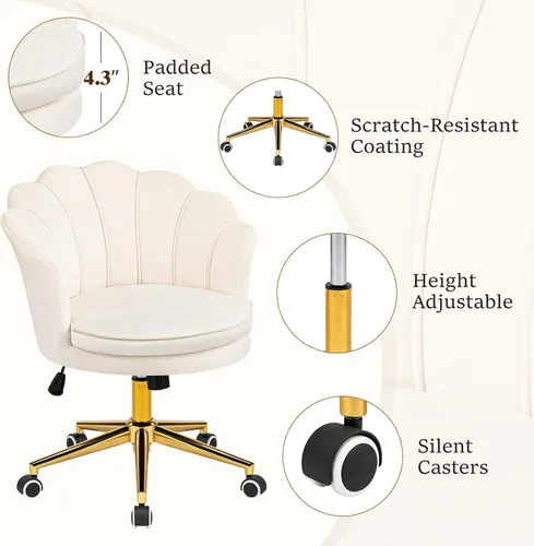Miniatura 5 de Furnicomfy - Silla de escritorio para oficina en casa con respaldo, elegante silla de escritorio de maquillaje con ruedas, sillón giratorio de Blanco