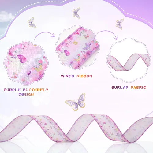 Miniatura 3 de Tigeen 2 rollos de cinta de arpillera con borde de mariposa de 20 yardas de 1.6 pulgadas, cinta de arpillera de flores de mariposa morada
