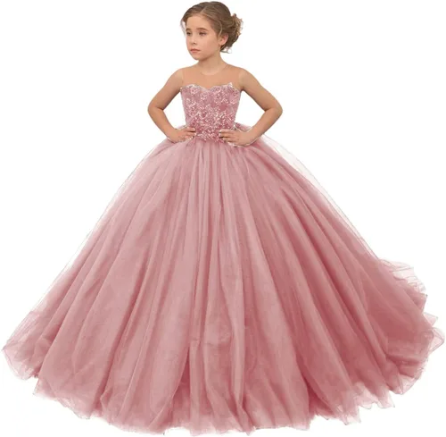 Precioso vestido de niña de flores de tul para niños de boda con cuentas princesa sin mangas vestidos de baile