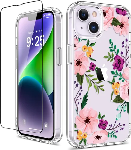 Miniatura 21 de Funda para iPhone 14 Pro con protector de pantalla, 6.1 pulgadas, transparente de cuerpo completo, a prueba de golpes, diseño floral, para niñas