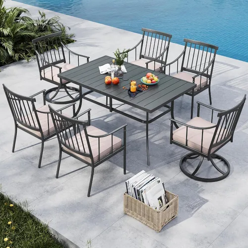 Miniatura 9 de MFSTUDIO Juego de comedor de 5 piezas de metal para patio, juego de muebles para exteriores con 1 mesa cuadrada de madera y 6 sillas de respaldo