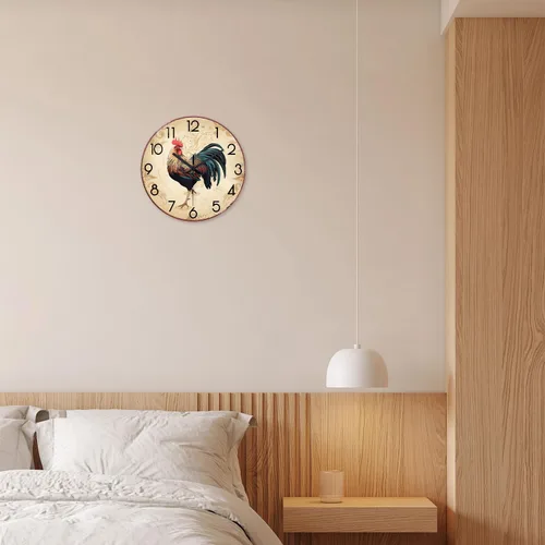 Miniatura 3 de XNM - Relojes de pared redondos rústicos para decoración de cocina y sala de 12 pulgadas, reloj de gallo de vidrio, funciona con pilas, marrón