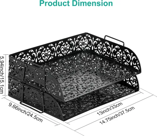 Miniatura 8 de EasyPAG, charola para escritorio de 2 niveles para cartas, diseño calado de flores, Negro