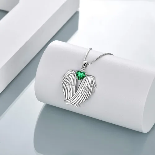 Miniatura 3 de YFN Collar de alas de ángel de plata de ley 925 con colgante de alas de ángel de la guarda, collar de piedra natal para mujeres y niñas, regalos