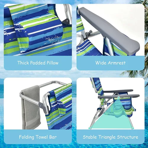 Miniatura 8 de Goplus Silla de playa, mochila plegable para adultos, sillas de playa con posiciones ajustables, almohada para la cabeza, bolsa refrigeradora
