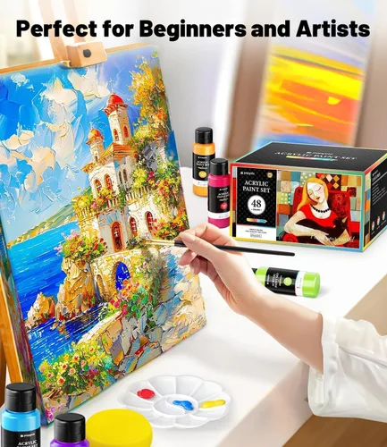 Miniatura 6 de Juego de 64 pinturas acrílicas con 12 pinceles, 2 cuchillos y paleta, 48 colores (2oz/60ml) Pintura artesanal para adultos, niños, artistas