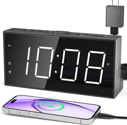 Miniatura 10 de Reloj despertador digital, reloj de alarma dual ruidoso para dormitorio, pantalla grande electrónica de 7.5 pulgadas con atenuador, cargador USB