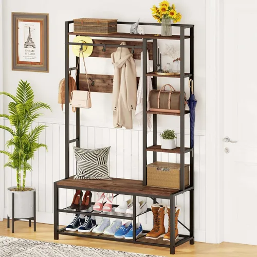 BON AUGURE Perchero con almacenamiento de zapatos, banco de entrada reversible 5 en 1 con ganchos para abrigos para pasillo, perchero de madera