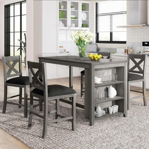 Merax Juego de mesa de comedor de 5 piezas con almacenamiento, juego de mesa de comedor de granja para 4, juego de mesa de cocina con 4 sillas,