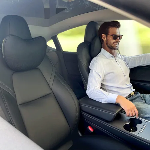 TESBEAUTY Almohada para reposacabezas de automóvil, 2 paquetes de piel de napa auténtica, almohada para el cuello del coche para Tesla modelo Negro