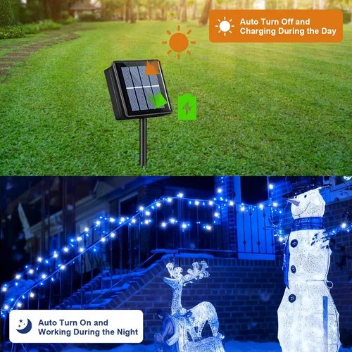 Miniatura 3 de QITONG Paquete de 2 luces solares azules y blancas de Navidad, cada cadena de 200 luces LED solares de 66 pies para exteriores, impermeable, 8 modos
