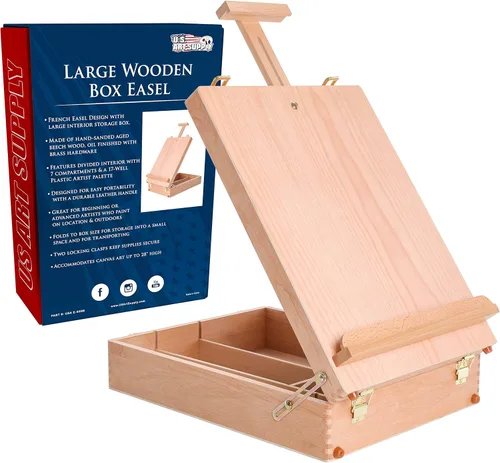 U.S. Art Supply Newport - Caballete de escritorio de madera ajustable grande – Caballete de madera de haya de alta calidad con almacenamiento,