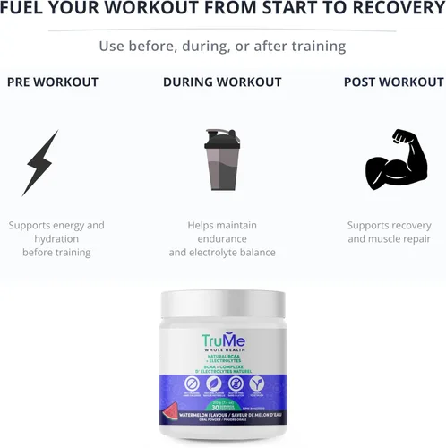 Miniatura 7 de TruMe - Polvo natural BCAA con electrolitos - Suplemento vegano después del entrenamiento - Sandía agria - Polvo de electrolitos potente sin azúcar