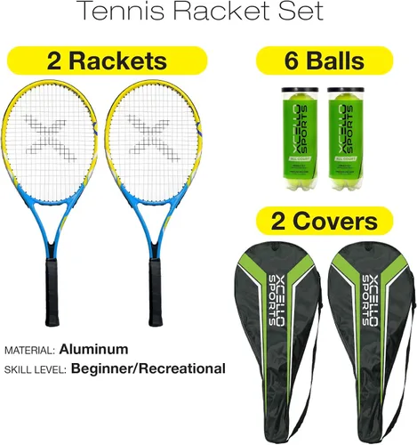 Miniatura 2 de Xcello Sports Juego de raquetas de aluminio de 27" (azul/amarillo) con 2 tubos de pelotas de tenis y 2 fundas